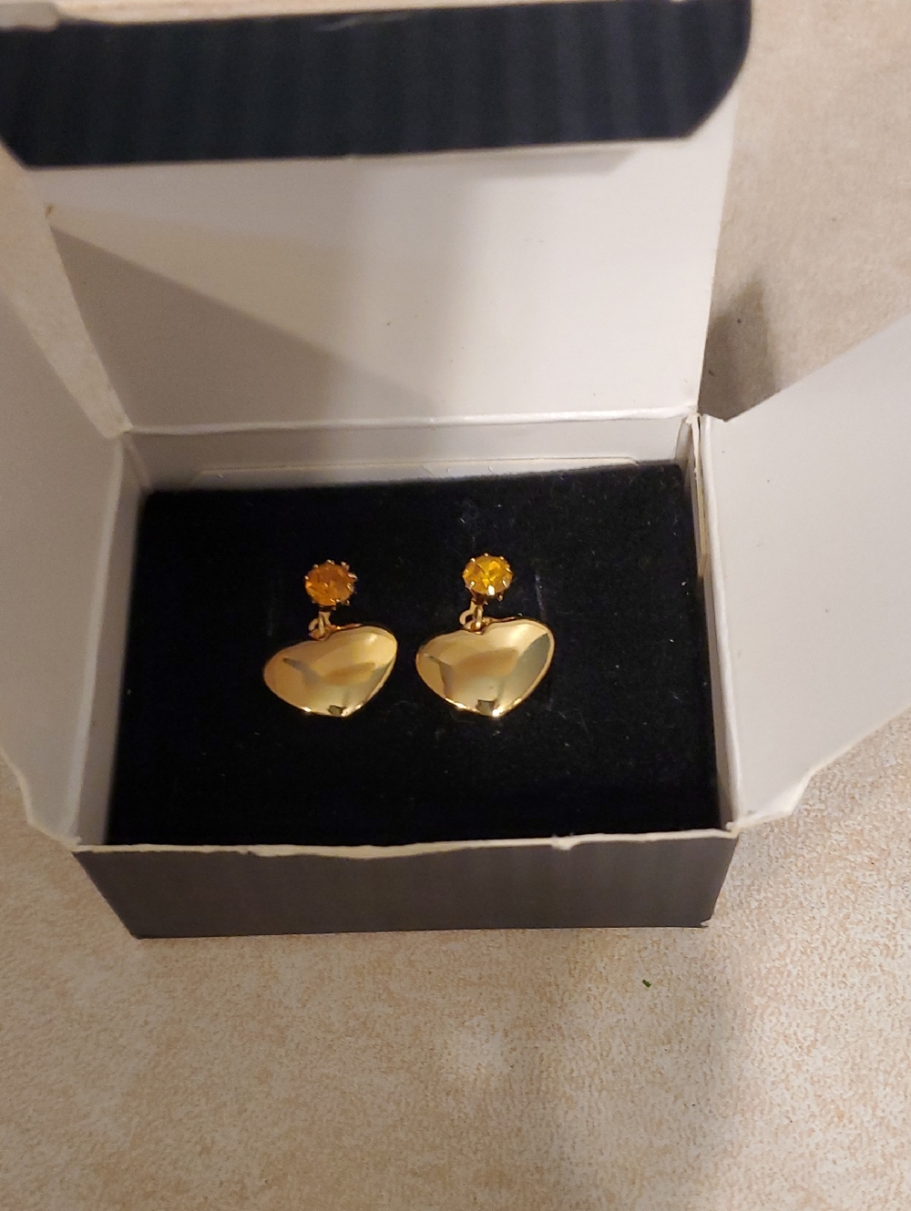 Avon Gold Heart Drop Earrings with Amber Stones
